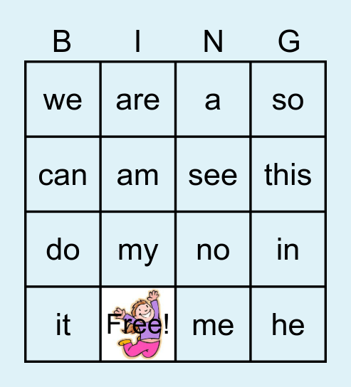 Kindergarten Snap Word Bingo Card