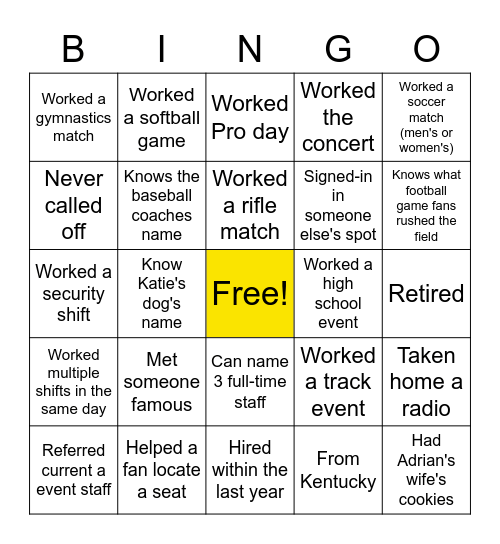 Event Staff Banquet Bingo Card