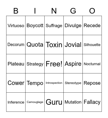 Vocabulary Words Bingo Card