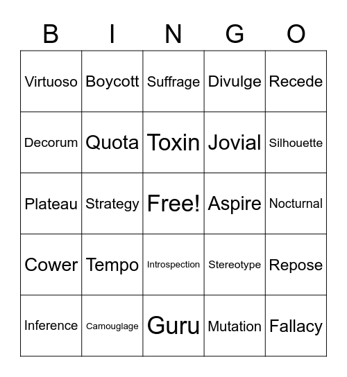 Vocabulary Words Bingo Card