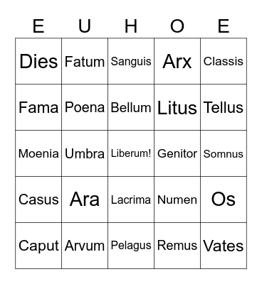 Aeneid Vocabulary Bingo Card