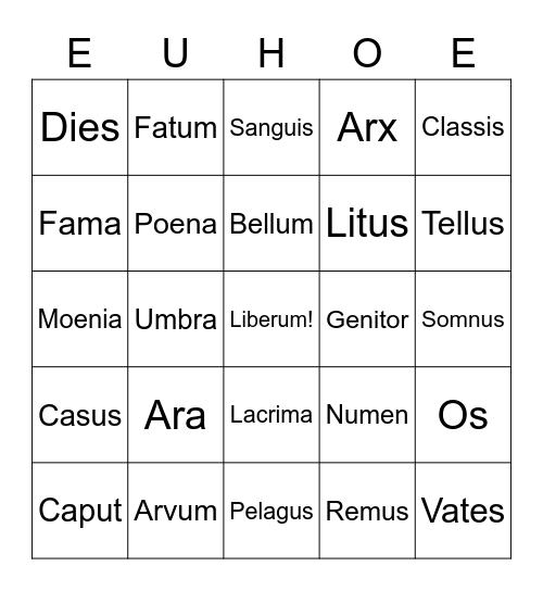 Aeneid Vocabulary Bingo Card