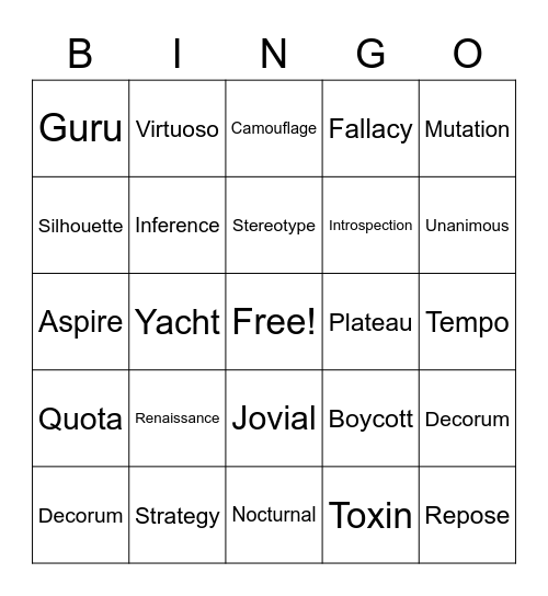 Vocabulary Words Bingo Card