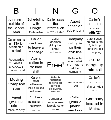 Call Shadowing Bingo Card