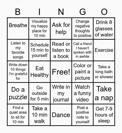 Self-Care Bingo Card