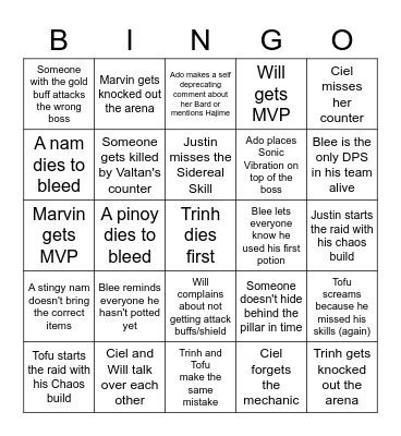 Valtan Bingo Card