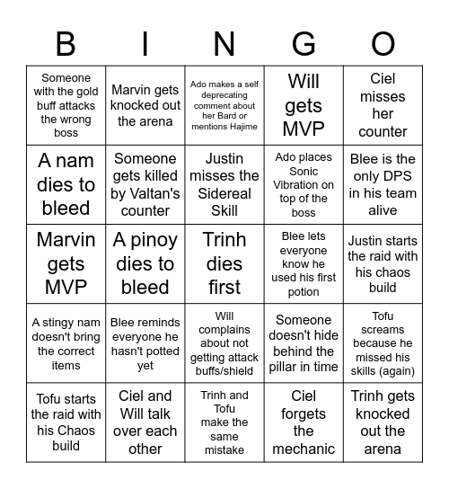 Valtan Bingo Card