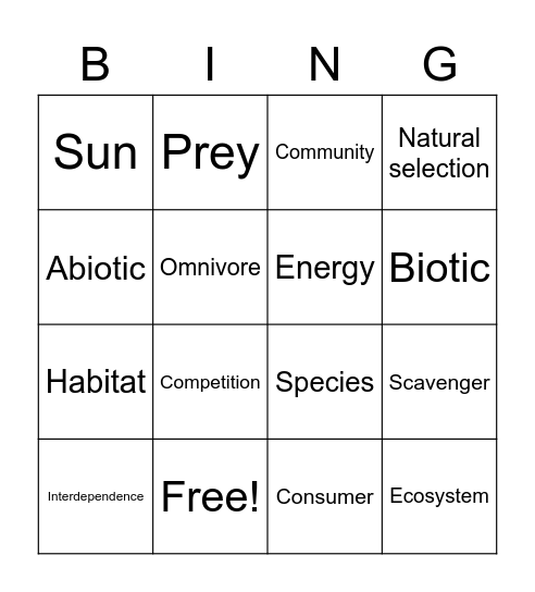 Ecology Bingo Card