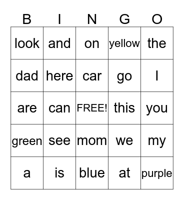 Level A Sight Words Bingo Card