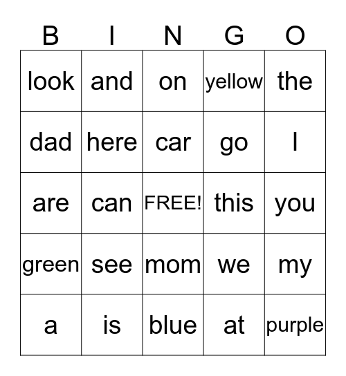 Level A Sight Words Bingo Card