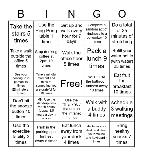Office Wellness Bingo Card