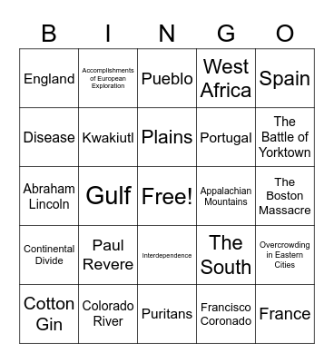 US History SMART Goal Review Bingo Card