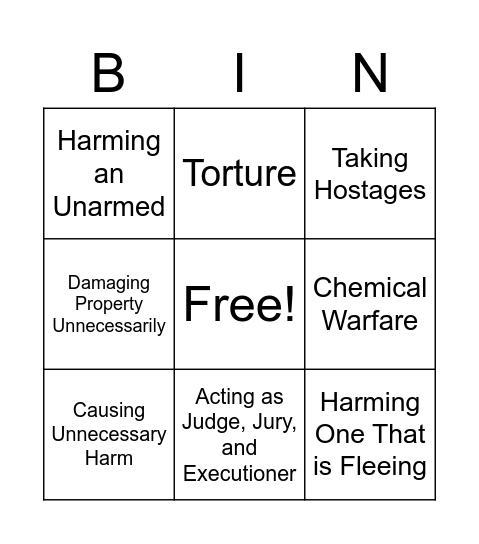 War Crime Bingo Card