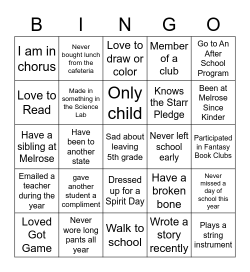 5th Grade Bingo 2 Bingo Card