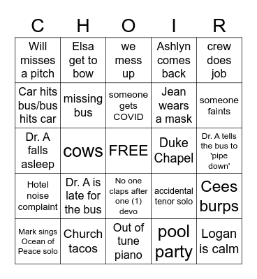 Ole Choir Tour 2022 Bingo Card