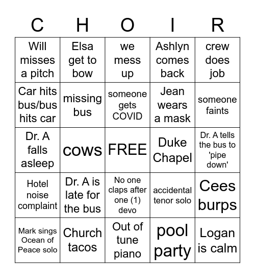 Ole Choir Tour 2022 Bingo Card