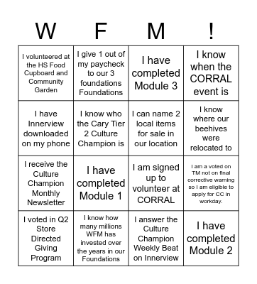 Culture Champion Bingo Card