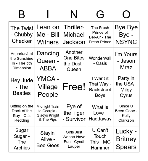 Pop Music of the Decades Bingo Card