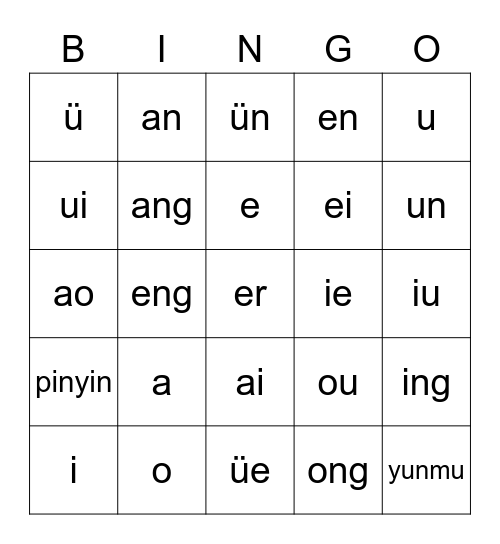 韵母yùn mǔ - Final Sounds Bingo Card