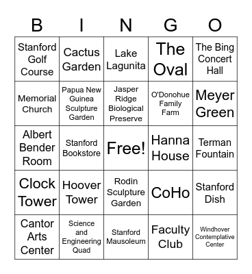 Places to Visit at Stanford Bingo Card