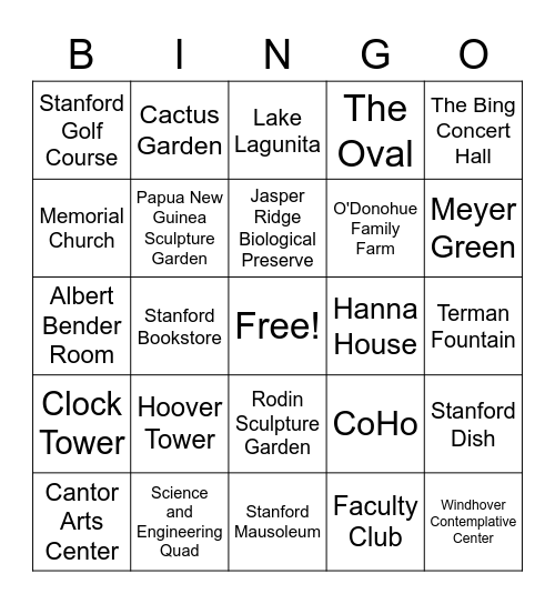 Places to Visit at Stanford Bingo Card