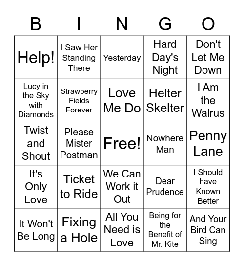 Beatles Bingo Card