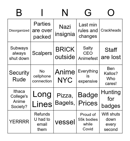 Anime NYC Bingo Card