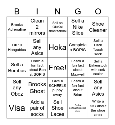 Shoe Bingo Card
