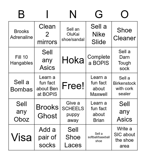 Shoe Bingo Card