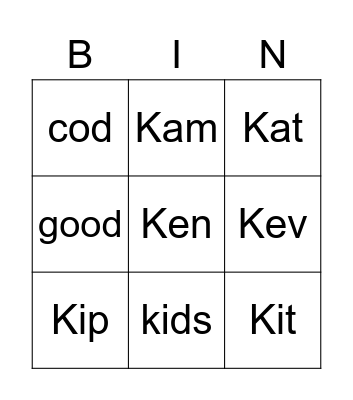 "K" names & words, they etc. Bingo Card