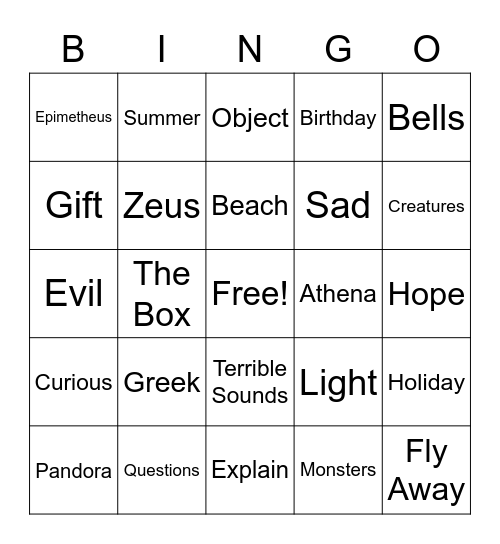 Pandora's Box Bingo Card