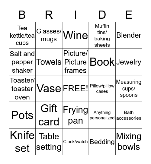 Bridal Shower Gift Bingo! Bingo Card