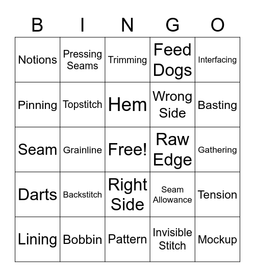 Sewing Term Bingo Card