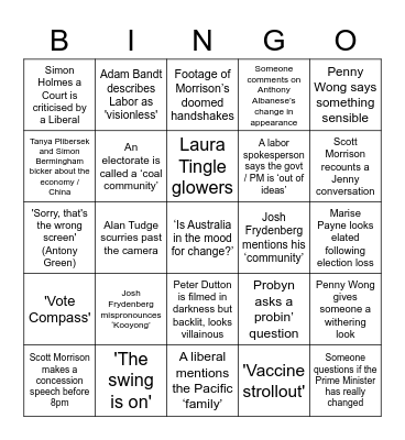 Australian Federal Election 2022 Bingo Card