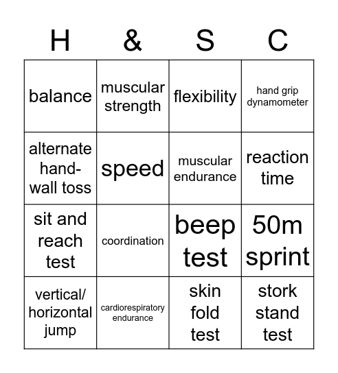 Health and Skill Components of Fitness Bingo Card