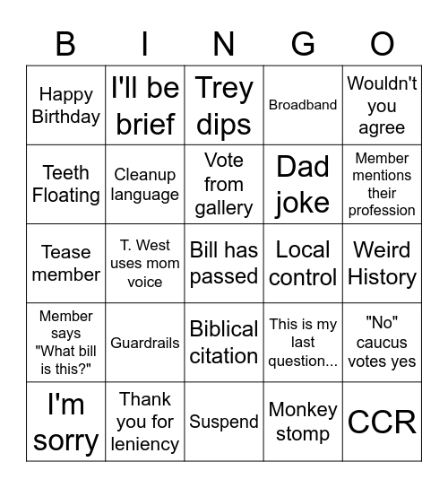Special Session Bingo Card