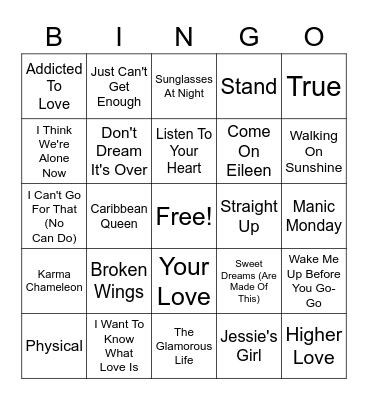 80s Pop Hits Bingo Card
