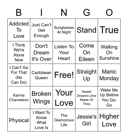 80s Pop Hits Bingo Card