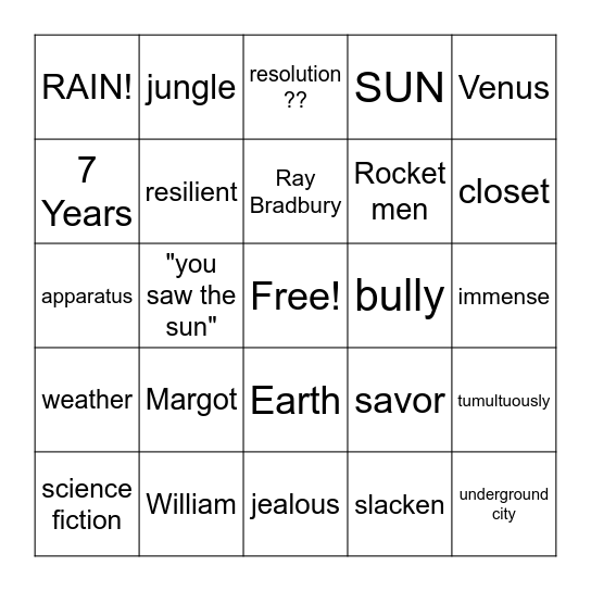 All Summer in a Day! Bingo Card