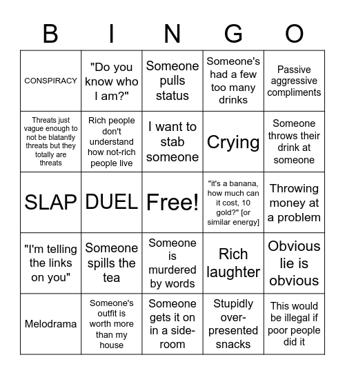 Rich Party Bullshit Bingo Card