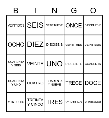 NÚMEROS Bingo Card