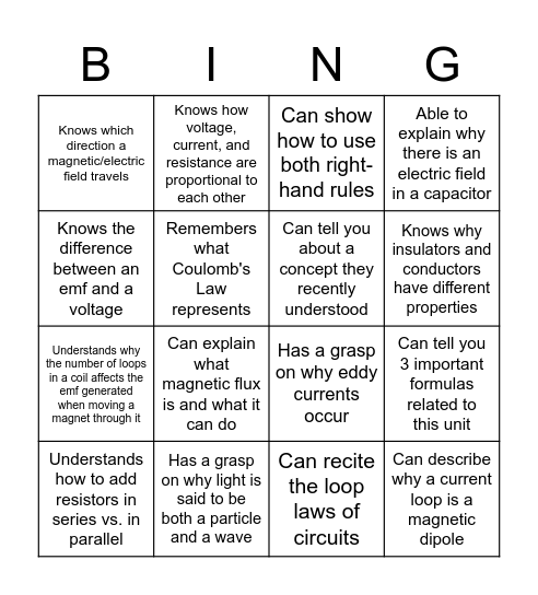 PHYS 203 Review Bing Bingo Card