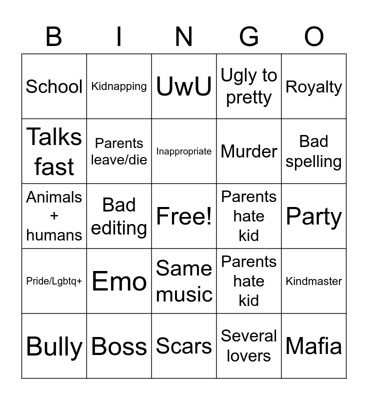 Gacha Edit Bingo Card