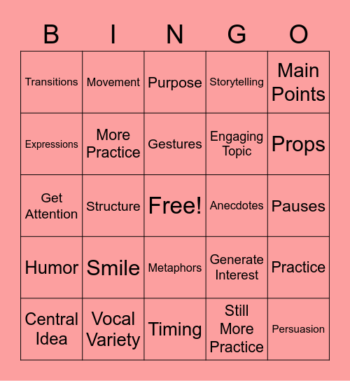 PUBLIC SPEAKING BINGO Card