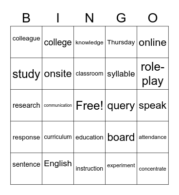 Unit 1: Vocabulary Bingo Card