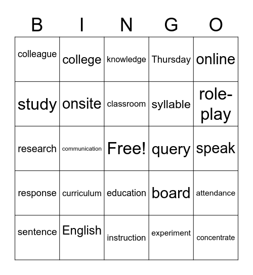 Unit 1: Vocabulary Bingo Card