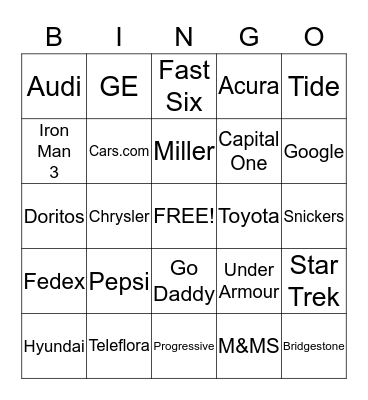 Super Bowl Bingo Card