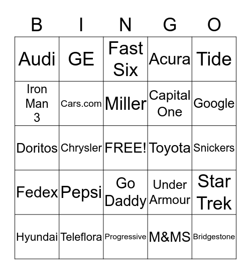 Super Bowl Bingo Card