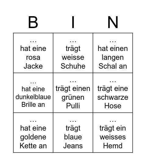 Kleider in der Klasse Bingo Card