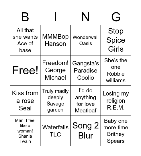 90s music Bingo Card